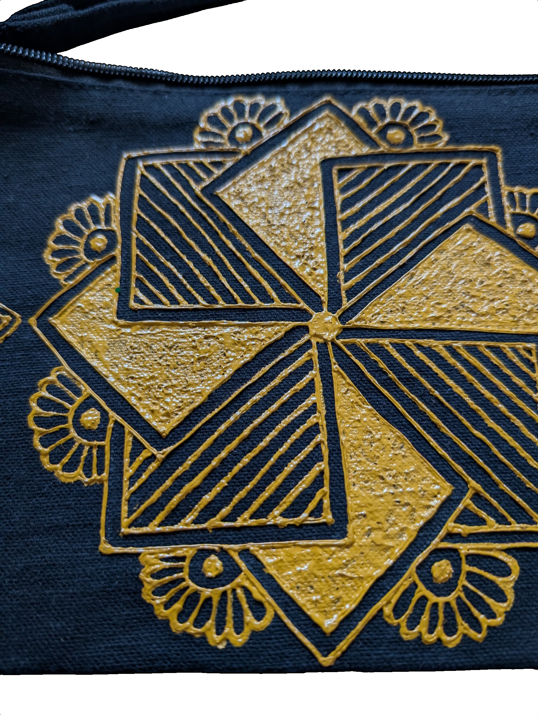 Hand Painted Black Canvas Zipper Pouch with Gold Mandala Cone Work - Image 3