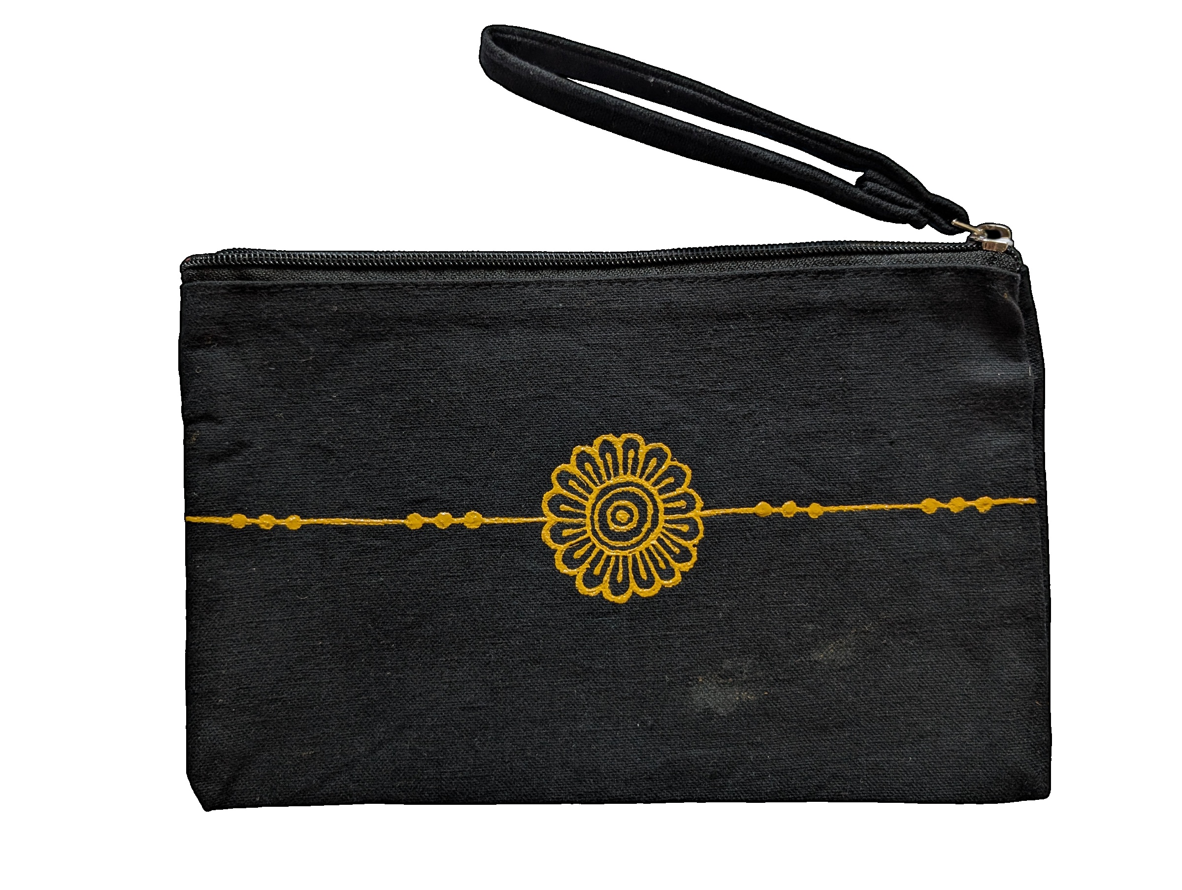 Hand Painted Black Canvas Zipper Pouch with Gold Mandala Cone Work - Image 2